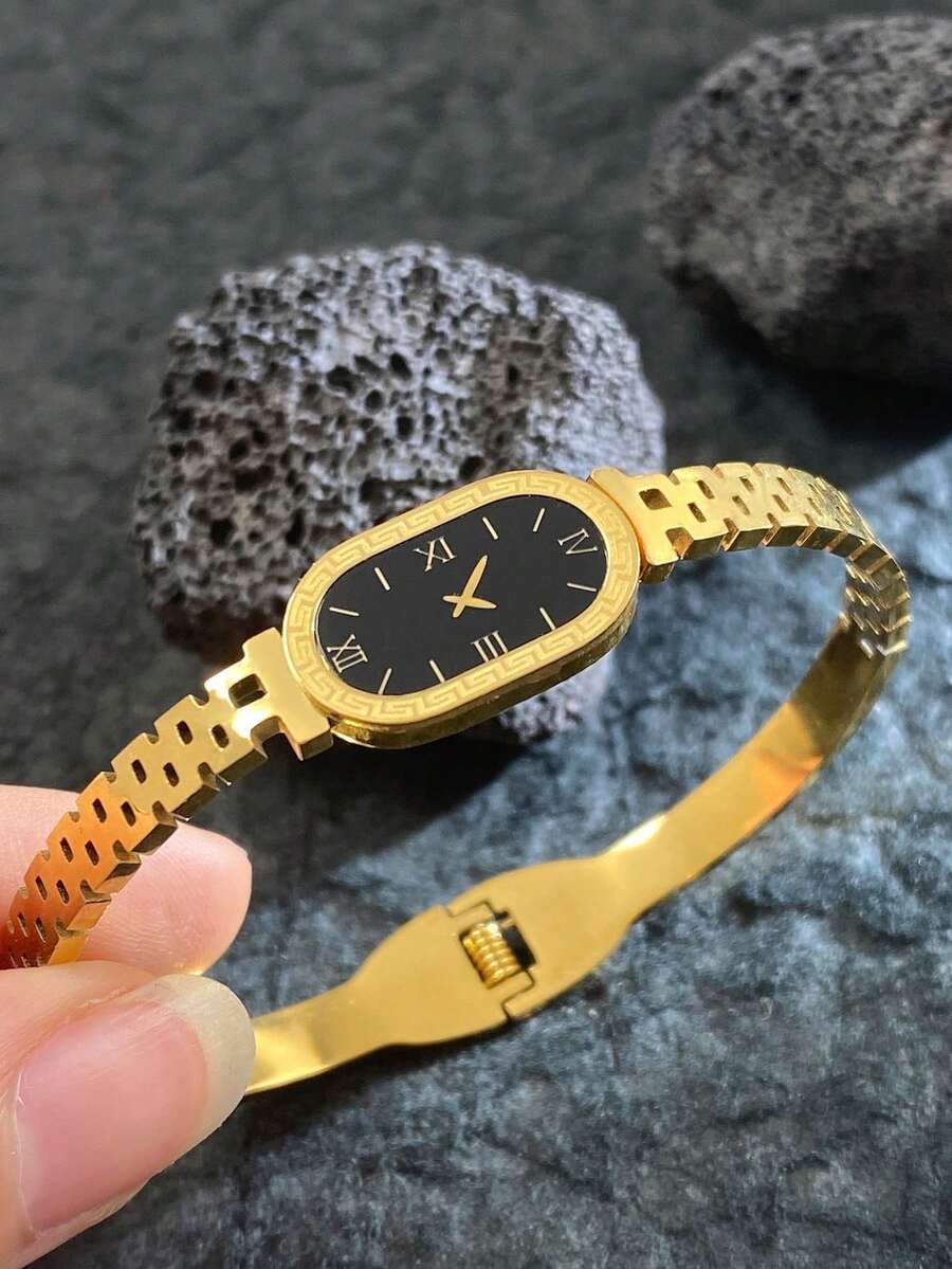 1pc Vintage Dial Style Bracelet For Women, Roman Numeral Hollow Strap Titanium Steel Bracelet Jewelry - Gold - View 1