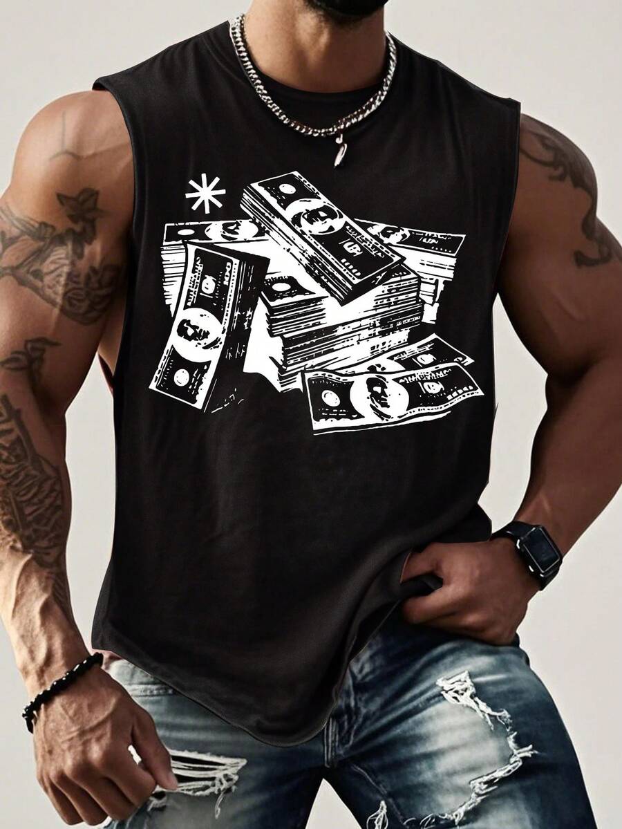 Accumulated Money Print New Men's Premium Printed 230G Heavy Pure Cotton Washed And Aged Waistcoat Sleeveless Vest Men's T-Shirt, Summer Casual T-Shirt Casual T-Shirt - 黑色 - 查看 1
