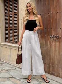 Solid Color Pocket Zipper Button Front Pleat Back Pockets Oversized Leg Pants