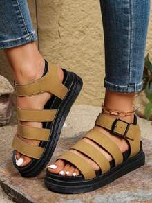 Sandalias de mujer minimalistas con suela de Thick, cómodas para mamá, para la playa, estudiantes, suela plana suave y resistente al agua talla grande, estilo romano retro elegante adecuado para pies anchos, verano, sandalias estilo inglés, botas de lluvia, zapatos de trabajo, cómodos zapatos casuales, Sandales deportivas, ropa casual, calzado de moda para exteriores - Marrón - Ver 1