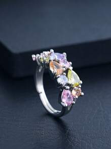 1pc Copper Micro-Inlay Multi-Teardrop Cubic Zirconia Adjustable Open Ring, Minimalist Style Suitable For Daily Wear For Women