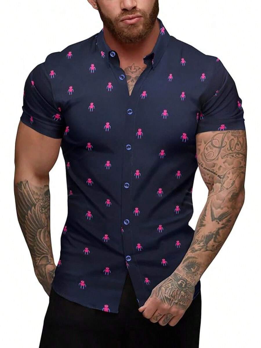 Men's Muscle Dress Shirts Slim Fit Stretch Short Sleeve Casual Button Down Shirts For Menhalloween - Hoa - Xanh navy - Xem 1