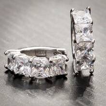 Princess Cut Cz Stone White Gold 925 Sterling Silver Men Women Hoop Earrings - as pic - View 2