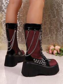 1 Pair Contrast Color Gothic Y2K Punk Street Nightclub Side Zipper Lace-Up Metal Chain Mid-Calf Boots