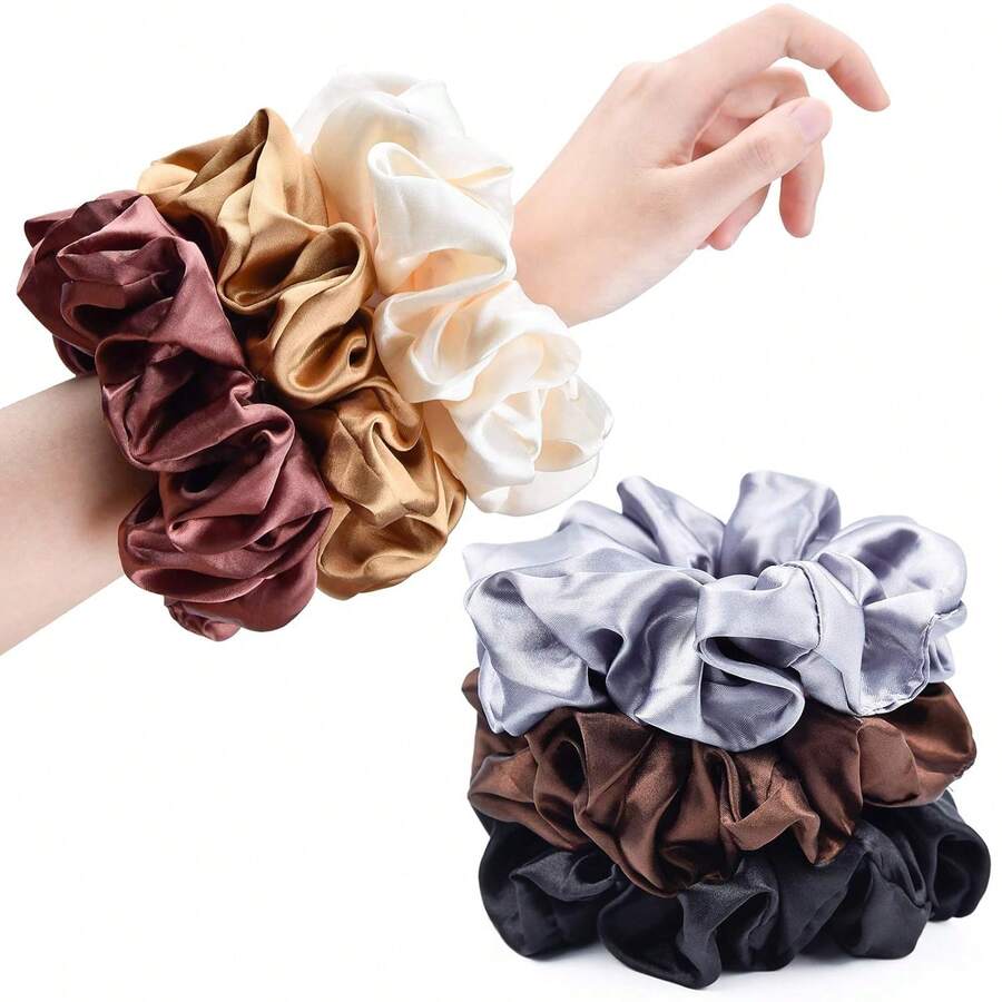 Brown Black Big Satin Scrunchies For Women 6.3Inches Large Scrunchie Coffee Satin Oversized Thick Elastic Hair Ties Jumbo Hair Scrunchies 6 Pack (Black,Coffee, Champagne,Brown,Grey,Dark Brown) - 咖啡 - 查看 1