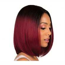 Red Ombre Short Bob Wig 14 Inch Straight Synthetic Hair For Women Natural Looking Party Cosplay Wig - Burgundy - View 4
