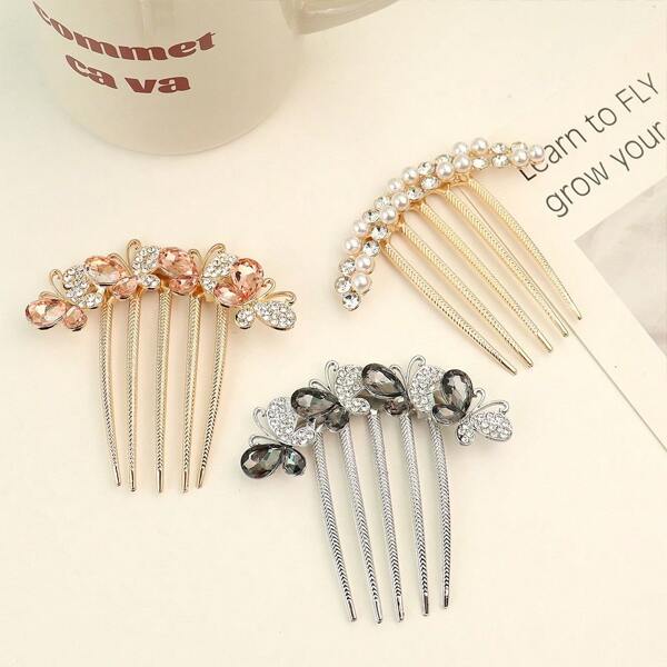 1pc Metal Rhinestone Inset Hair Comb, 5-Tooth Hair Clip For Bun, Ponytail Hair Accessory ,Hair Accessoires ,Hair Accessoires,Wedding, Combs, Side Comb