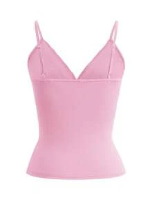 Y2K风格纯色深V领细肩带露背修身性感蕾丝吊带背心，街头风毕业季上衣，适合夏季海滩、约会、音乐节、演唱会和7月4日庆祝活动。 - 粉色 - 查看 4