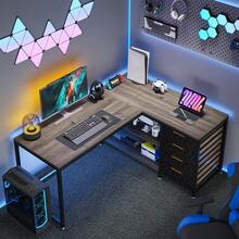 Tribesigns Scrivania con Cassetti, scrivania angolare con ripiani,Scrivania per Computer ad Angolo a forma di L,Tavolo da scrivania con 4 cassetti per ufficio,150 * 110 * 75cm (marrone)