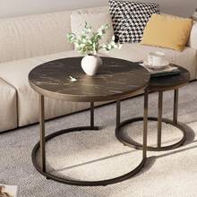 Nesting Coffee Table Side Set Of 2 End Tables For Living Room Bedroom Balcony,Black Faux Marble Wooden Table 23.6IN Accent Large Coffee Table With Steel Frame - Black - View 2