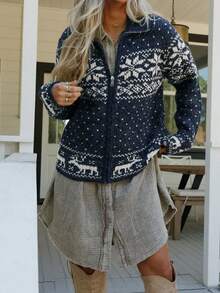 2025 جاكيت كاردجان خارجي للنساء من خليط الصوف بياقة عالية وأكمام طويلة وسحاب أمامي، بنمط معاصر ملون بتصميم معقد لأشكال الغزلان والمربعات، مناسب للخريف والشتاء