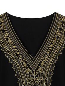 黑色刺绣V领宽松休闲睡袍 - 黑色 - 查看 9