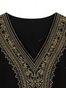 Vestido negro suelto estilo túnica con escote en V bordado, vestido casual para estar en casa