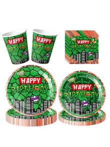 10 قطعة من أطباق وفوط الحفلات بتصميم ألعاب البطل ومناظر مدينة الكوميديا الخضراء، طقم حفلة عيد ميلاد السلحفاة الخضراء للرجال، مناسب لحفلات عيد الميلاد، حفلات العائلة، حفلات الأصدقاء، الحفلات الصيفية الخارجية