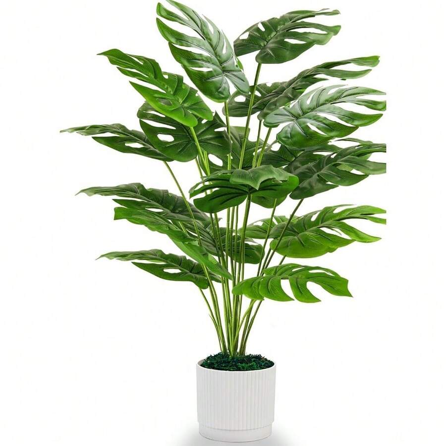 Fake Plants Large Artificial Monstera Faux Plants Indoor Tall With Black Pot For Outdoor Floor Front Porch Decor - 1 green w white pot - View 1