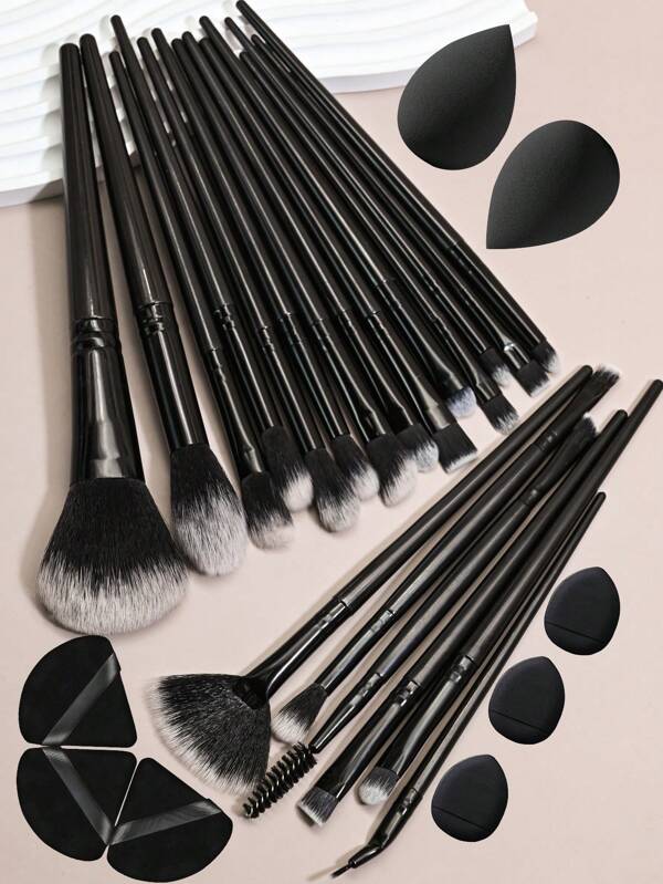 28pcs Ultimate Makeup Brush Set With Large Powder, Blush, Contour, Foundation, Concealer & Eyeshadow Brushes - Includes Water Drop Beauty Sponge, Thumb Puff & Triangle Puff - Nylon Bristles For All Skin Types