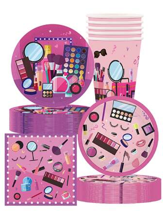 16 件化妆品主题派对盘子，包括盘子纸巾杯子节日庆祝生日派对宴会茶会精美工艺品时尚搭配派对用品精致餐盘