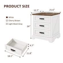 Farmhouse Nightstand With Charging Station, 3 Drawers Bedside Table, 22 Inch Wide End Table For Bedroom, Living Room