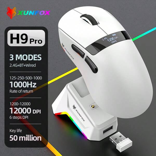 H9 PRO Lightweight Wireless Gaming Mouse With RGB Charging Dock, Three-Mode 2.4G/USB-C Wired/Bluetooth, 12K DPI, PAW3311 Optical Sensor, HUYU Switch, 5 Programmable Buttons, Suitable For PC/ (White)