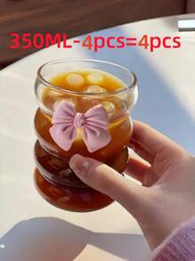 1/2/4pcs 350ml Pink Bowknot Glass Coffee Cup, Coffee Glass Cup, High-Quality Drinking Glass For Cold Drinks, Milk Tea, Suitable For Home, Office Use