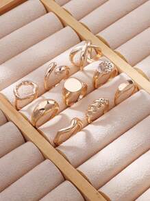 9pcs/Set Geometric Hollow Spiral Design Alloy Rings, Simple Ladies Finger Rings, Suitable For Daily Wear Or Festivals