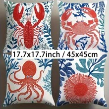 4pcs Colorful Marine Life Decorative Pillow Covers, 45cm - Coastal Charm Throw Pillow Cases With Lobster, Crab, Octopus And Coral Patterns, For Sofa, Bed, Living Room - Soft Polyester, Zipper Closure, Hand Wash Only (Pillow Insert Not Included)