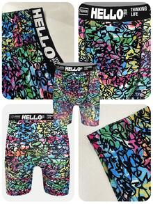 3 pièces/set Short de boxe long à imprimé graffiti style aléatoire pour hommes, respirant et confortable, séchage rapide, taille élastique, short de sport, maillot de bain de plage/piscine, sous-vêtements innovants pour hommes - Multicolore - Voir 5
