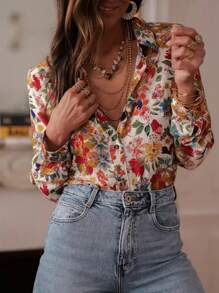 Camisa casual solta, de manga longa, com estampa floral elegante, de temperamento de férias, para mulheres plus size