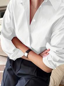 Plus Size Women Long Sleeve Casual Solid Color Front Button-Up Shirt - White - View 3