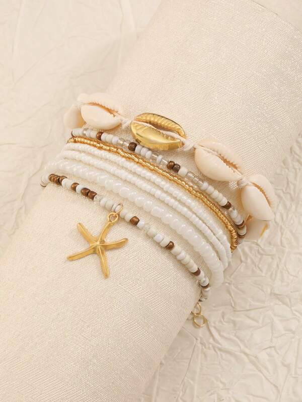 Bohemian Style Beaded Bracelet With Resin Faux Shell, Bead, And Starfish Pendant, Suitable For Summer Beach Jewelry (Bead Colors Randomly Matched)