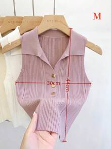 1 pieza Polo de punto sin mangas con cuello falso de ajuste corto para mujer con botones dorados, negro, blanco, albaricoque, rosa, morado