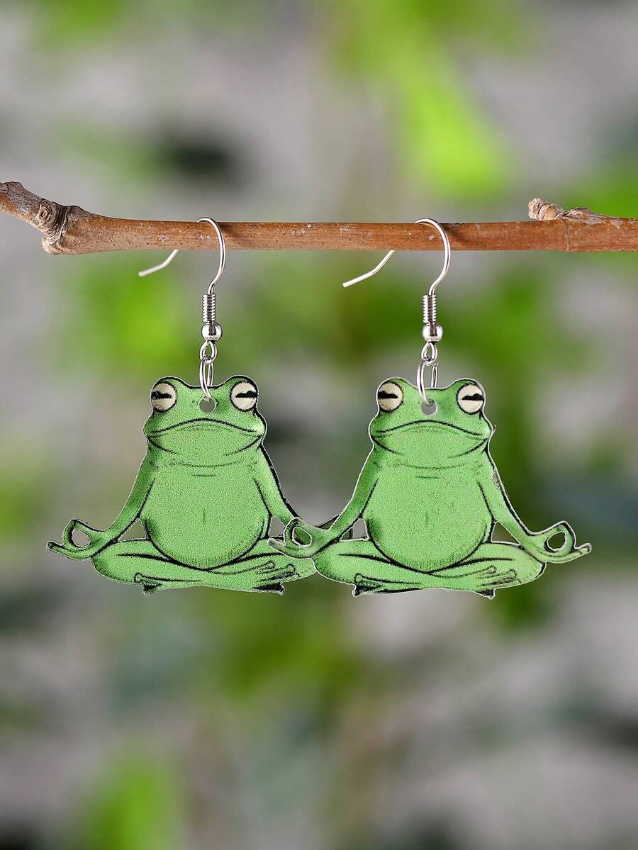 1 对卡通动物图案女士耳环，可爱瑜伽冥想青蛙吊坠耳环，亚克力可爱动物耳环礼物 - 綠色 - 查看 1