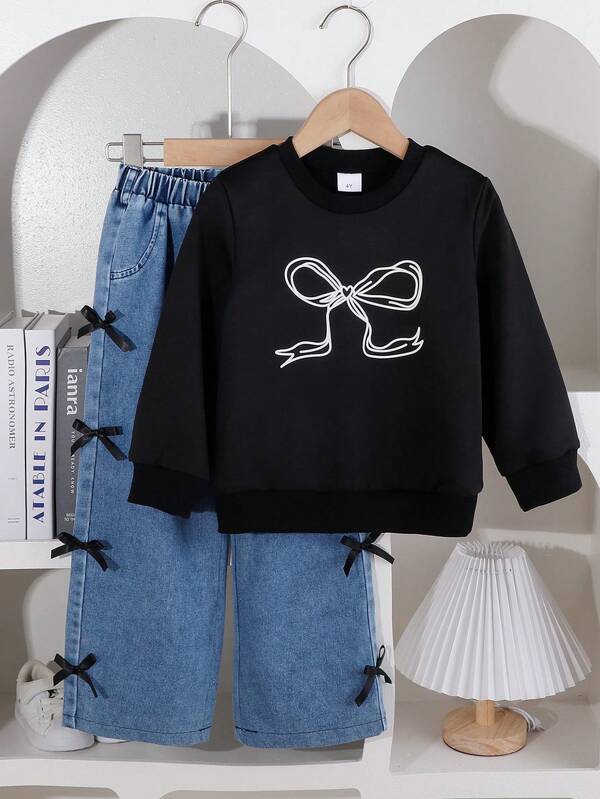 2pcs Girls Fashion Butterfly Print Black T-Shirt Top And Casual Wide Leg Butterfly Decor Jeans Pants Set, Suitable For Daily, Outdoor, School, Commuting, Spring/Autumn