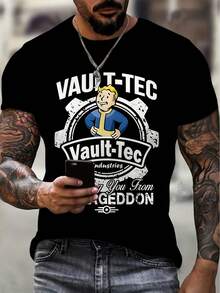Plus Size Men's 180g Pure Cotton T-Shirt - Funny Graphic Print For Casual Wear.Fallout Shelter Pattern Black Cotton Men's T-Shirt - Black - View 1