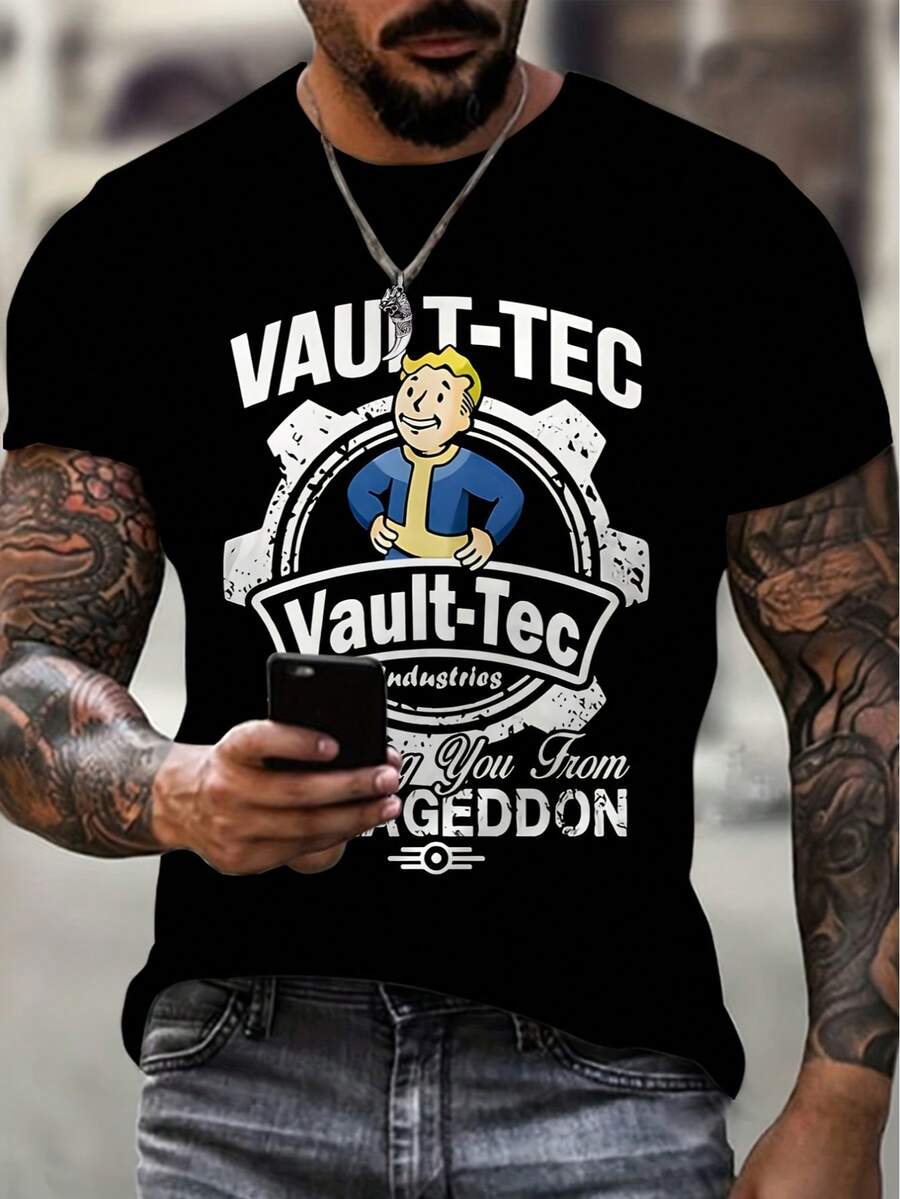 Plus Size Men's 180g Pure Cotton T-Shirt - Funny Graphic Print For Casual Wear.Fallout Shelter Pattern Black Cotton Men's T-Shirt - Black - View 1