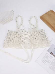 1 pezzo Canotta da donna con corpetto decorato con perle, senza schienale e senza maniche, decorazione con catena sulla schiena, in stile Y2K, da festa, con paillettes e perline lucenti