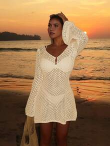 女士长袖镂空泳衣罩衫，优雅波西米亚海滩度假风，V领薄裙摆，夏季度假必备 - 杏色 - 查看 6