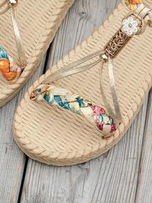 WRCVS Sandal Datar Wanita, Warna Emas, Desain Anyaman, Ringan, Anti Selip, Sepatu Pantai, Pola Anyaman Acak, Sandal Datar Gaya Bohemian untuk Liburan, Pakaian Musim Semi dan Musim Panas - Emas - View 7