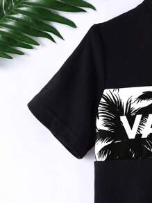 Conjunto de 2 peças de camisa e shorts de malha com estampa de coqueiro havaiano e letras para meninos, verão