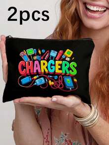 This Multi-Color Convenient Digital Storage Bag Is Printed With The Fun Letter "Charge" And Cartoon Charger, Socket, And Cable Patterns. Made Of Polyester Fabric, It Is Soft And Foldable, With A Zipper To Prevent Items From Falling Out. It Can Also Be Used To Store Data Cables. - Multicolor - View 19