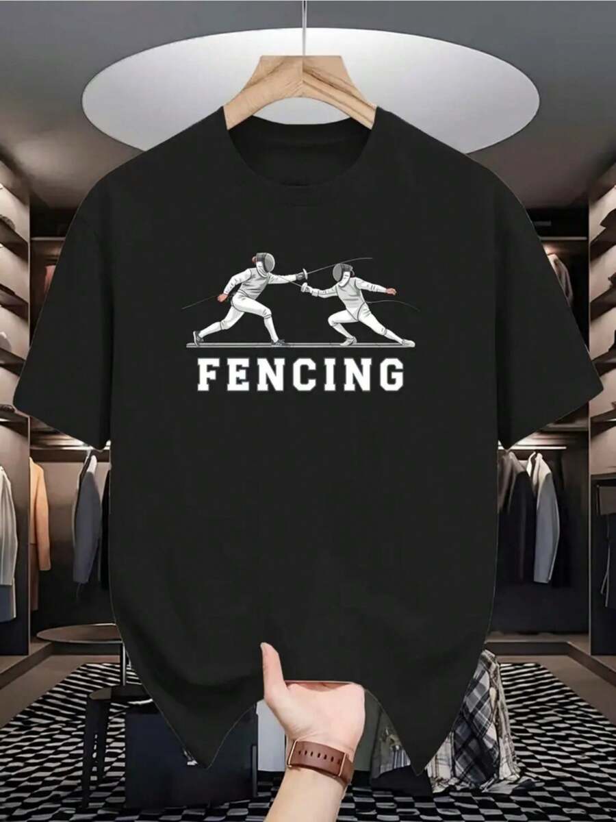 Camiseta de Esgrima 1 unidad de 220 gramos Dise?o de Dos Esgrimistas Camisa de T 100% algodón con estampado digital Estilo Deportivo Camisa de Hombre Casual con Cuello Redondo y Dise?o Estampado - Negro - Ver 1