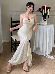 abyoxi Vestido de encaje con hombros descubiertos para primavera y verano, de cuello colgante, decoración con hebilla redonda, ruedo asimétrico con volantes y falda plisada de cola de pez a la cintura baja, vestido casual diario, vestido y falda, temporada de bodas
