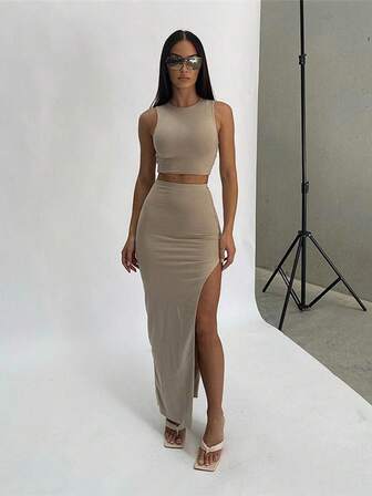 2pcs Women Summer Solid Color Round Neck Tank Top And High Waist Slit Mini Skirt Sexy Outfit