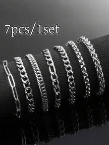 7pcs/Set Men's Stainless Steel Simple Fashionable Chain Bracelets, Suitable For Daily Wear - Silver - View 2