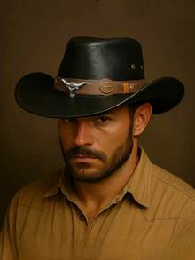 1pc Women's Denim Hat, Fashion Leather Heart-Shaped Crown Rolled Brim Cowboy Hat, Unique Outdoor Travel Party Performance Cap, Paired With Wide Belt & Bull Head Metal Belt Decor, Unisex Versatile Style - Brown - View 4