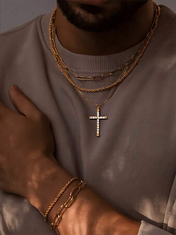 5/3/2 Pcs Vintage Fashion Hip Hop Stainless Steel Twist Chain Cross Pendant With CZ Stone Necklace Set + Simple Personalized Stylish Layered Chain Bracelet 2-In-1 Jewelry Set, Unisex, Daily & Outdoor Wear, Suitable As Gift For Friends, Family, Boyfriend, All Seasons