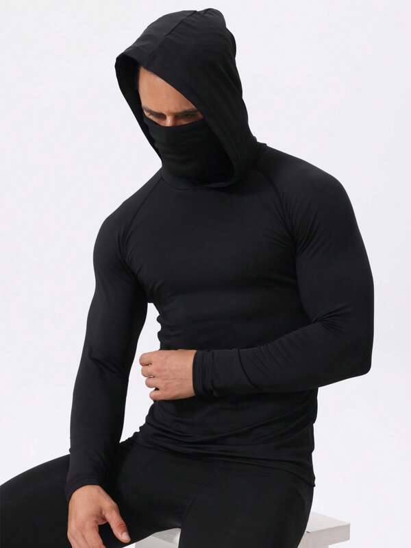 Mono con capucha de manga larga ajustado de deporte y máscara facial para hombre, para correr, fitness y uso casual al aire libre
