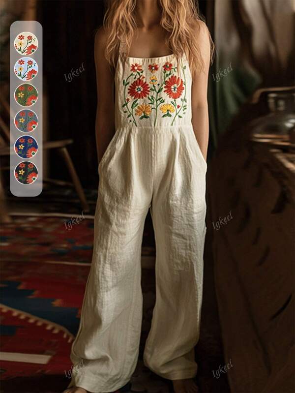 Embroidery Sleeveless Overall With Pockets, Summer Outfits For Women, Vacation/Casual