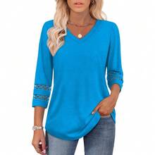 XIEERDUO 3/4 Length Sleeve Womens Tops Dressy Casual Blouses For Women 2025  V Neck T Shirts Summer Clothes - Sky Blue - 查看 2