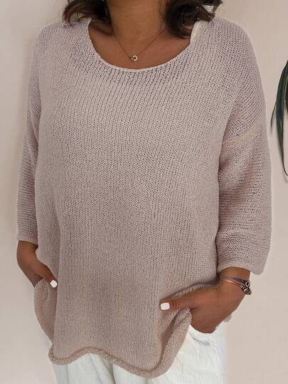 Plus Size Women Casual Loose Solid Color 3/4 Sleeve Sweater